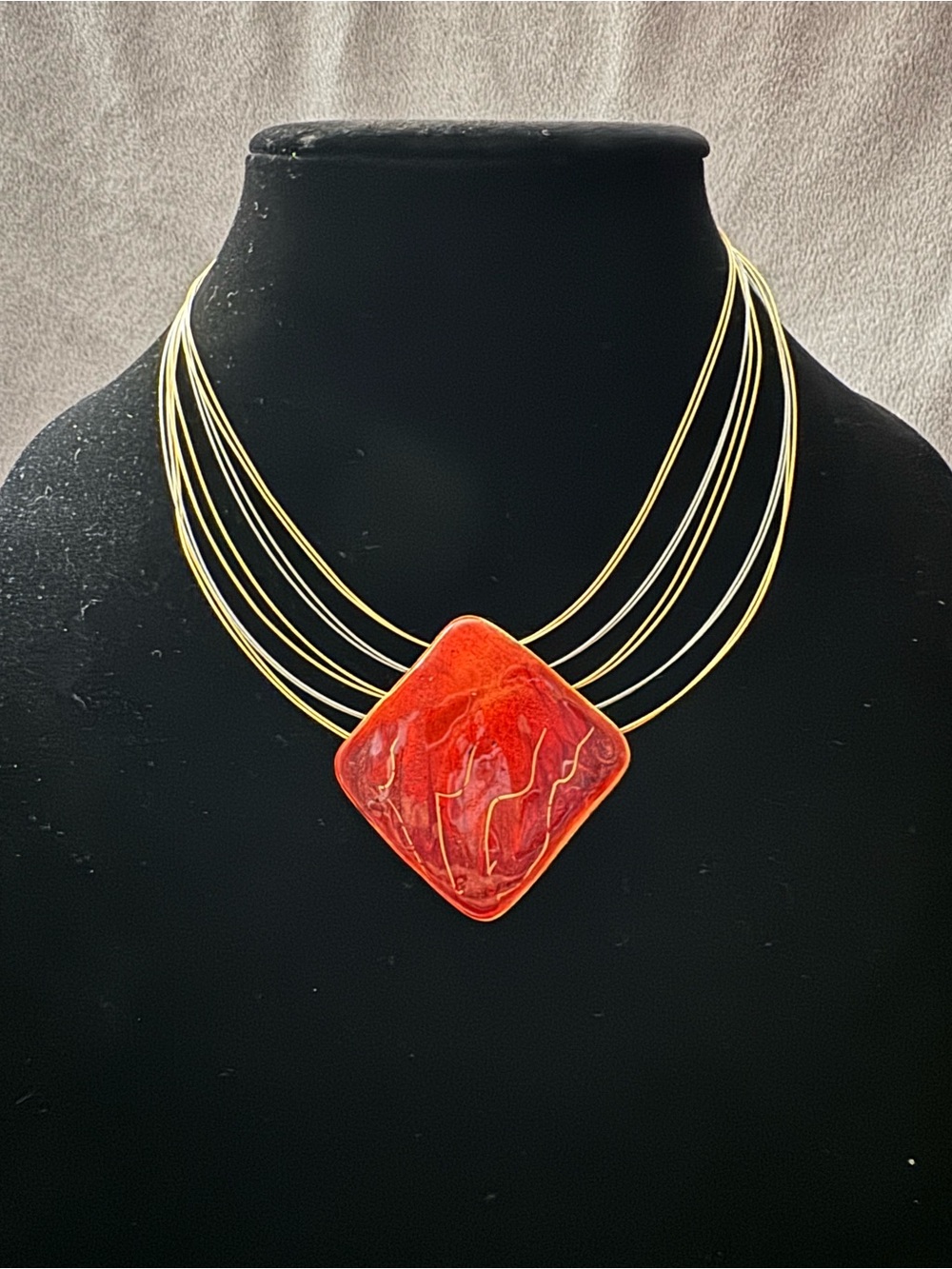Chico’s VTG Multi-Strand Wire Collar Necklace with Orange Resin Diamond Pendant